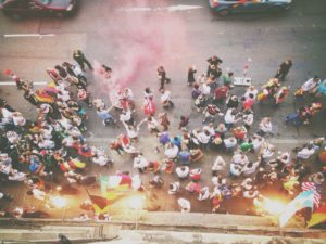 High angle view of people walking on road